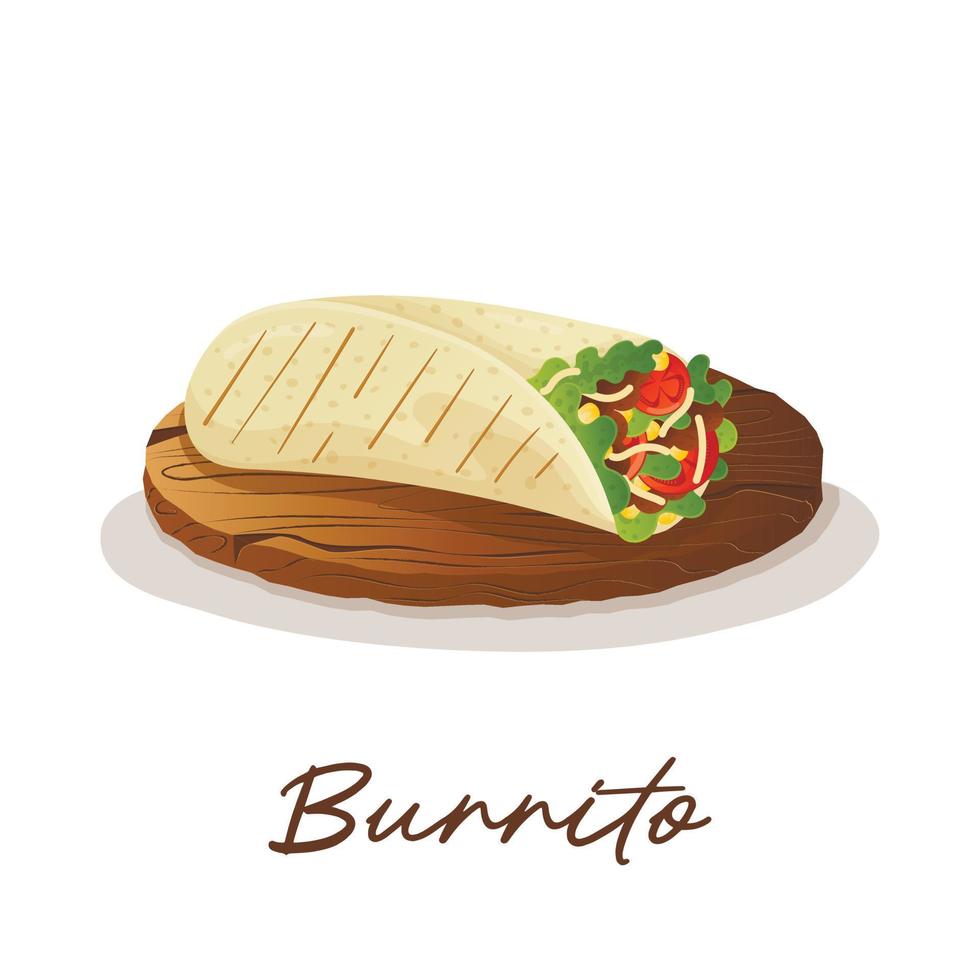 Mexikanische Burritto-Maistortilla mit Hackfleisch, Salat, Mais und Käse auf einem Holztablett. Fast-Food-Restaurant und Streetfood-Snacks, Fleischtortillas, Lieferung von Speisen zum Mitnehmen vektor