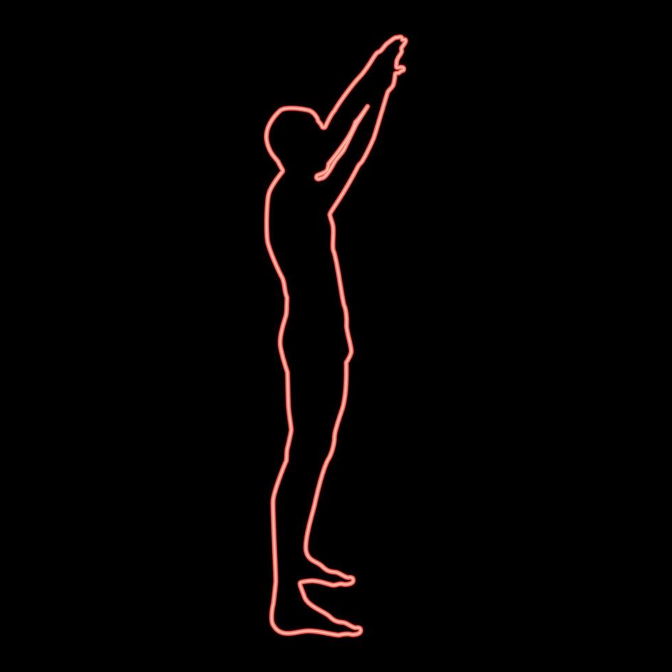 Neon-Mann mit erhobenen Armen Sportler hebt die Hände Seitenansicht Symbol rote Farbe Vektor Illustration Bild flachen Stil