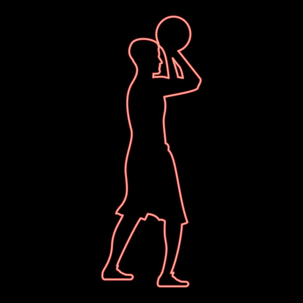neon basketboll spelare kastar en basketboll man skytte boll sida se ikon röd Färg vektor illustration bild platt stil