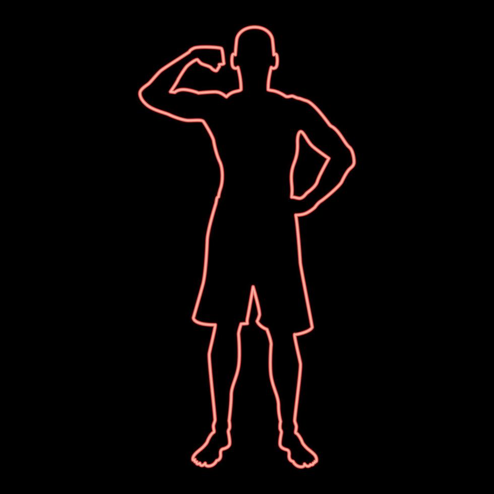 Neon Bodybuilder zeigt Bizeps Muskeln Bodybuilding Sport Konzept Silhouette Vorderansicht Symbol rote Farbe Vektor Illustration Bild flachen Stil