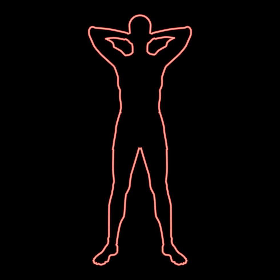 neon begrepp koppla av sportsman håller på med övning man innehar händer Bakom huvud ikon röd Färg vektor illustration bild platt stil