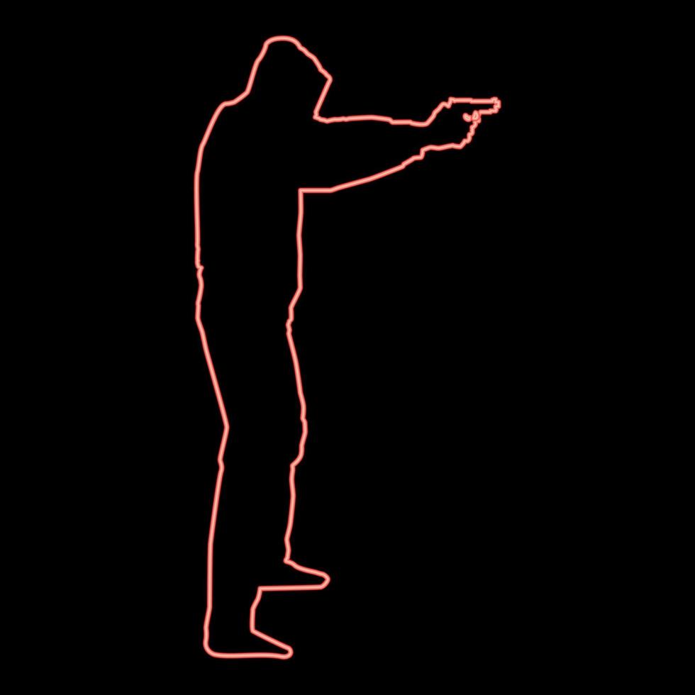 Neon Mann in der Kapuze mit Waffe Konzept Gefahr ausgestreckten Armen Symbol rote Farbe Vektor Illustration Bild flachen Stil