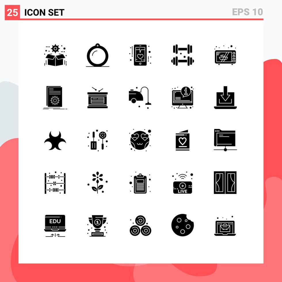 Gruppe von 25 soliden Glyphen Zeichen und Symbolen für medizinische Fitness-Fenster Hantel mobile editierbare Vektordesign-Elemente vektor