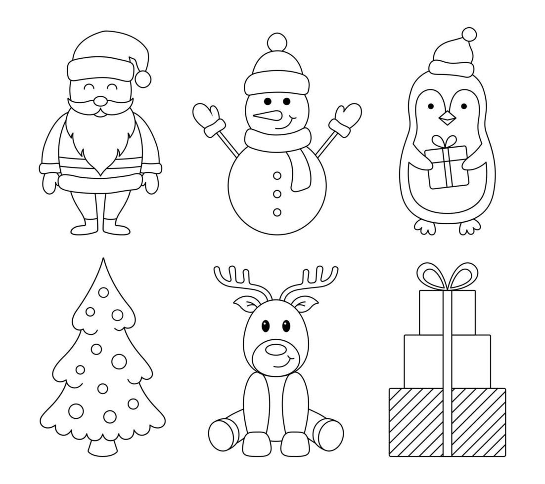 satz von weihnachtsumrisszeichen, symbolen und dekorativen elementen. weihnachtsmann, schneemann, rentier, pinguin, baum, geschenkboxen. vektor