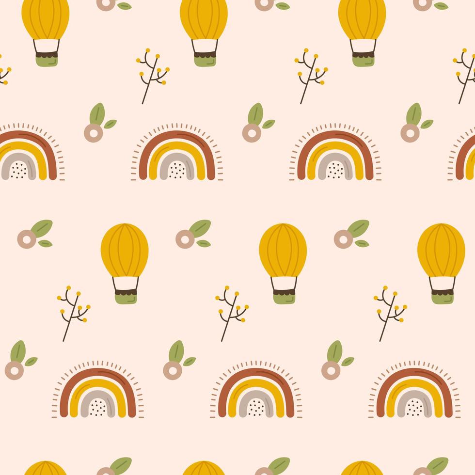 nahtloses muster von niedlichen babyelementen. beige Cartoon-Boho-Hintergrund mit Blume und Regenbogen. für Textil, Stoff, Postkarte, Poster vektor