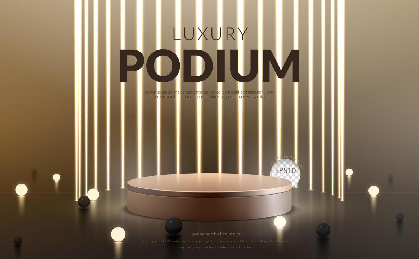 lyx guld podium med gyllene rader neon och glöd boll på brun bakgrund för produkt visa, vektor illustration