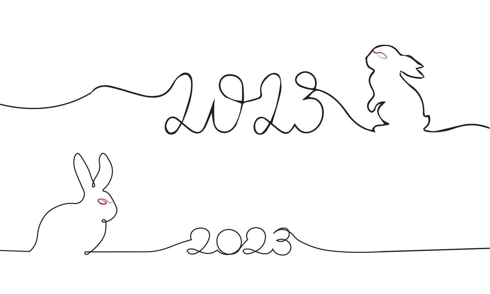 kontinuerlig ett linje teckning av kanin symbol av 2023 år. fluffig kanin silhuett med öron i enkel linjär stil för vinter- design hälsning kort och webb baner. klotter vektor illustration