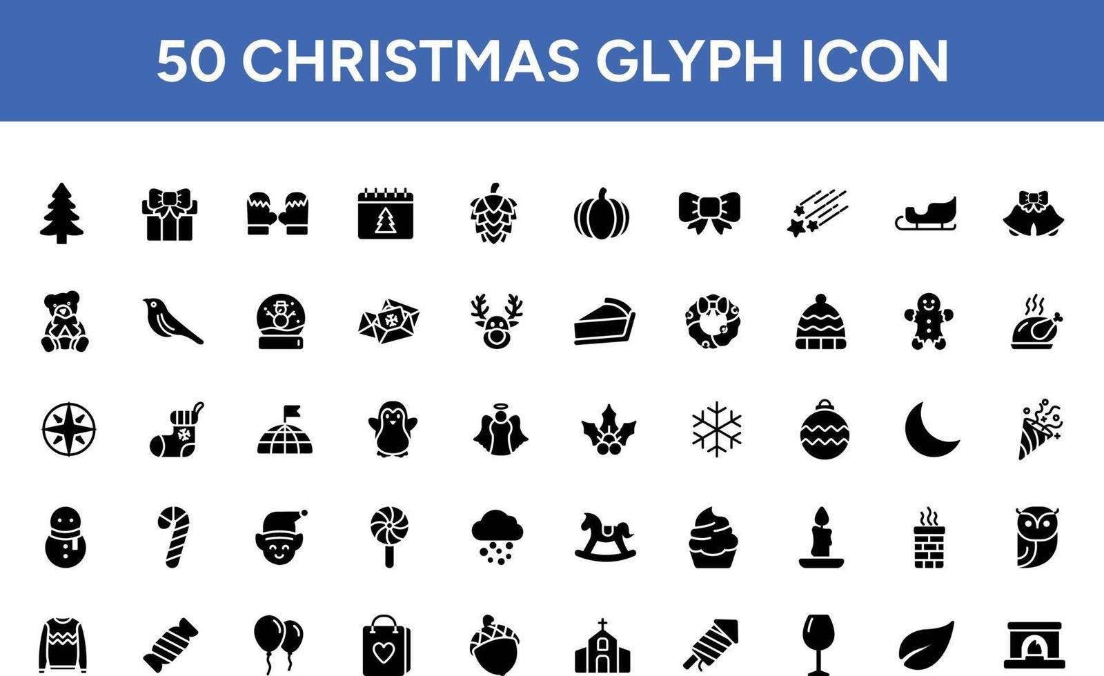 Weihnachts-Glyphen-Icon-Set. 50 Sammlungen von Weihnachtssymbolen mit Ornament, Urlaub, Weihnachten, Baum, Kerze, Weihnachten, Winter. vektor