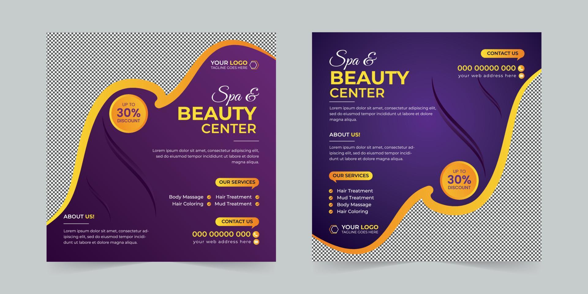 Social-Media-Post des modernen Spa-Beauty-Centers, Unternehmensbanner-Werbeanzeigen für digitale Marketingagenturen, Verkauf und Rabatt-Banner-Vektorvorlagendesign. vektor