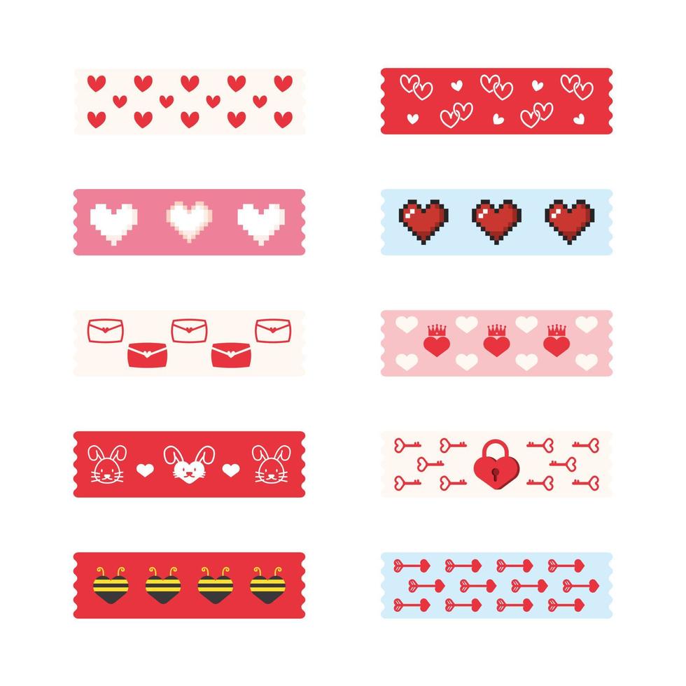 valentine kärlek tejp washi klistermärke remsor för text dekoration. uppsättning av färgrik mönstrad washi tejp. vektor illustration