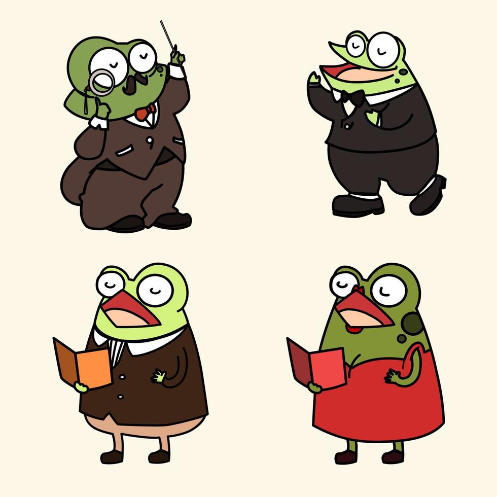 Satz von grünem Gentleman und Lady Frog, die einen Song Clip Art Cartoon mit schwarzer Oline-Flachvektorillustration singen, die auf weißem Hintergrund isoliert ist. Frosch singt fröhlich in der Regenzeit vektor