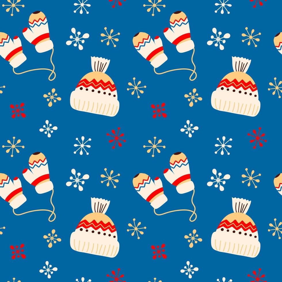 vektorwintermuster, mit gestrickter warmer mütze, handschuhen und schneeflocken im karikaturstil. weihnachtselemente für dekor, aufkleber, postkarten, geschenkverpackung vektor