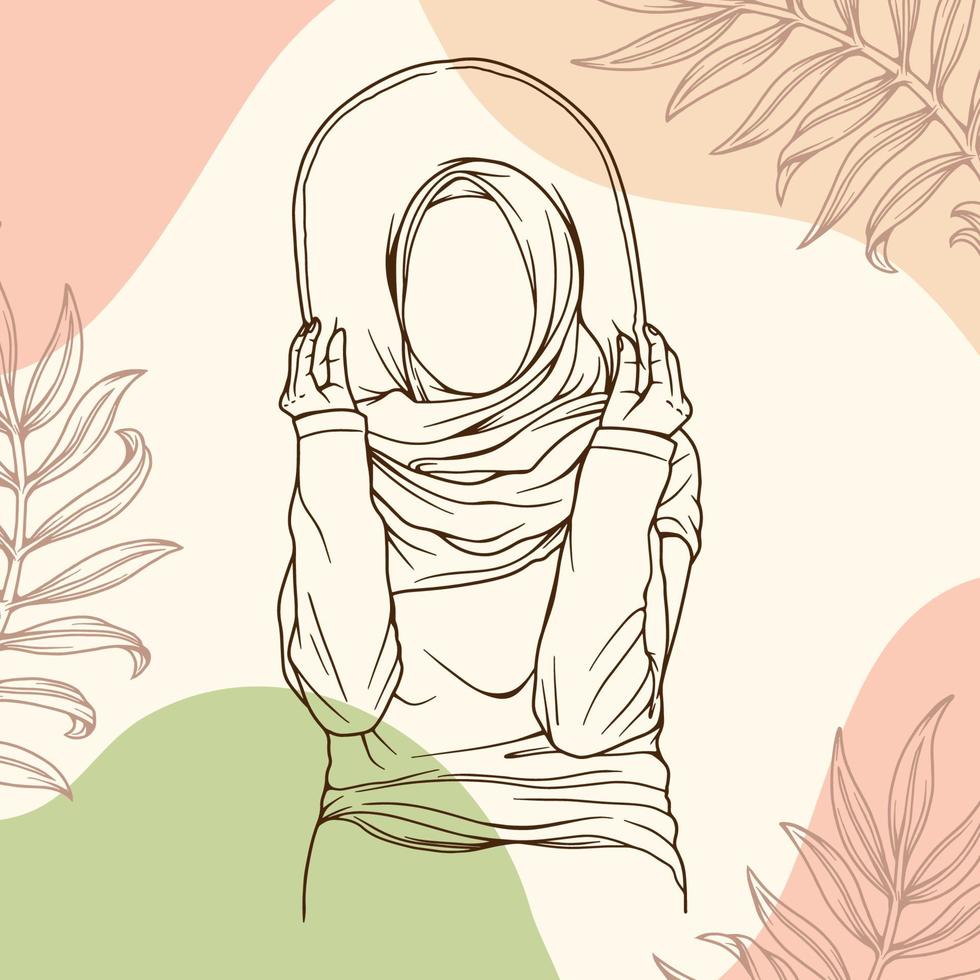 eleganta och trendig moslem kvinna i hijab mode vektor illustration linje konst isolerat för boutique mode