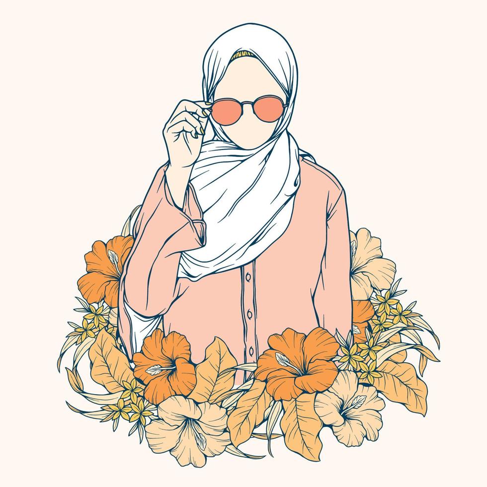 eleganta och trendig moslem kvinna i hijab mode vektor illustration linje konst isolerat för boutique mode