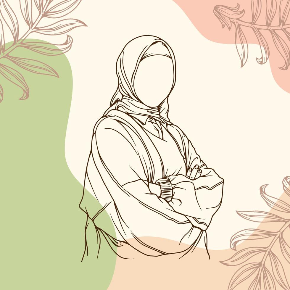 stilvolle und trendige moslemische frau in hijab-modevektorillustrations-linienkunst lokalisiert für boutiquemode vektor