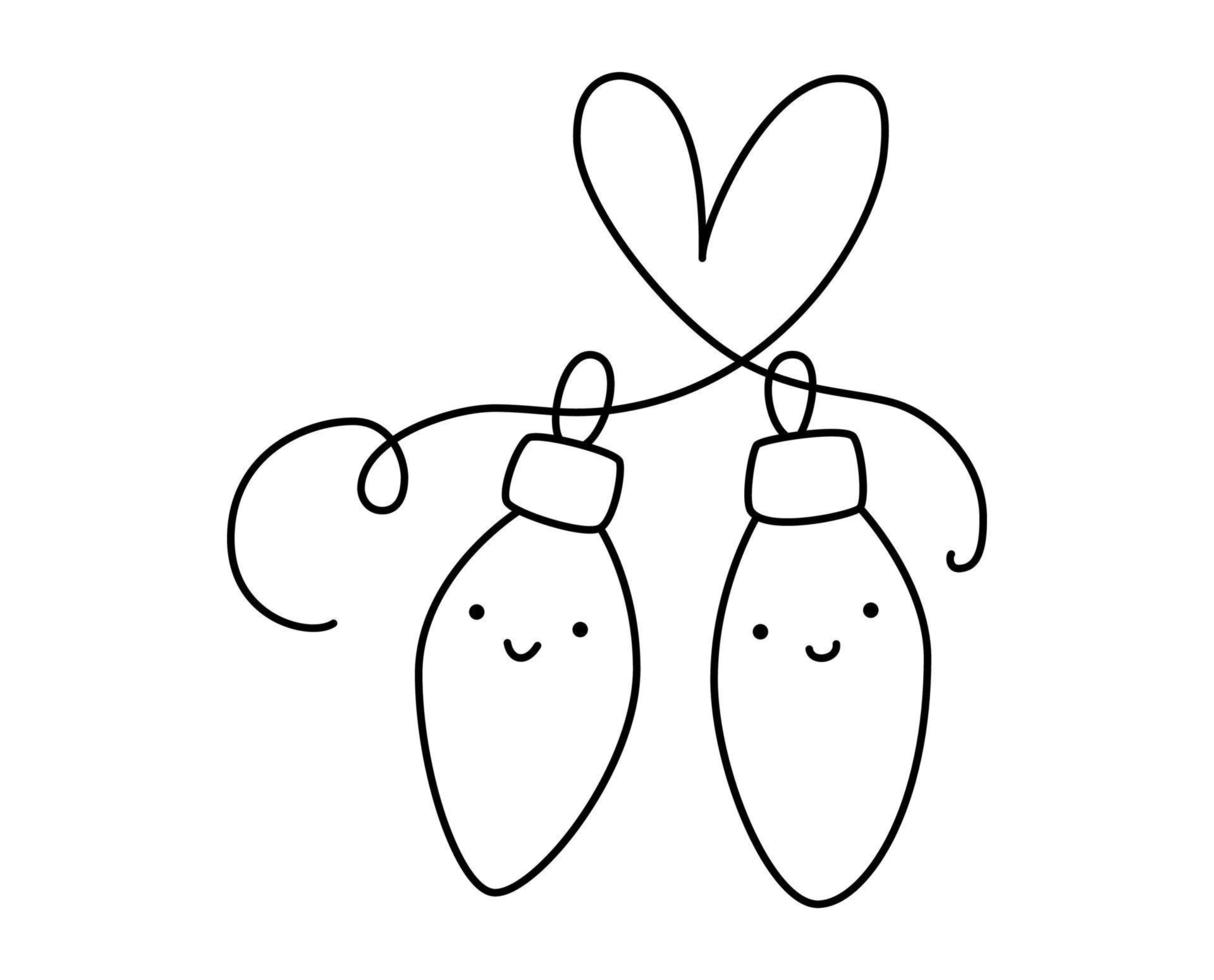 linje hand dragen två söt Lycklig älskare bollar krans leksak par för träd och hjärta. glad xmas och Lycklig ny år isolerat illustration för de firande av vinter- högtider vektor