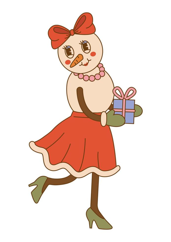 comicfigur einer groovigen schneefrau mit schleife und geschenk im trendigen cartoon-stil auf isoliertem hintergrund. für Karte, Poster, Druck. vektor
