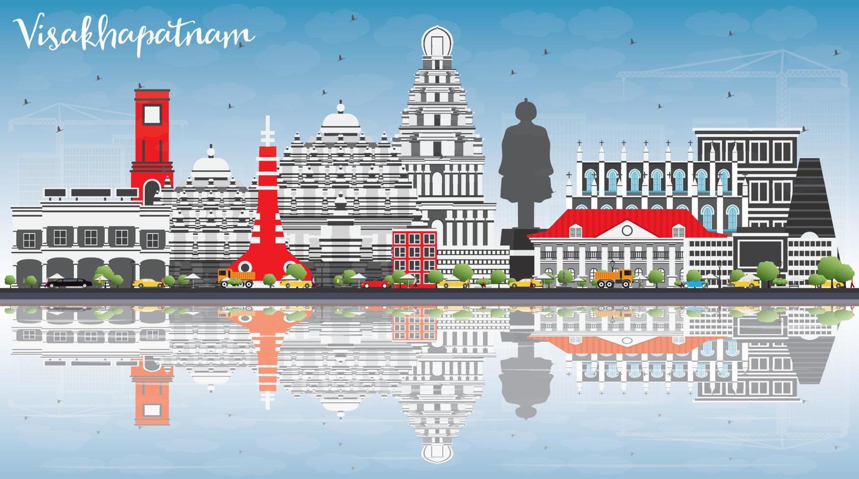 visakhapatnam-skyline mit grauen gebäuden, blauem himmel und reflexionen. vektor