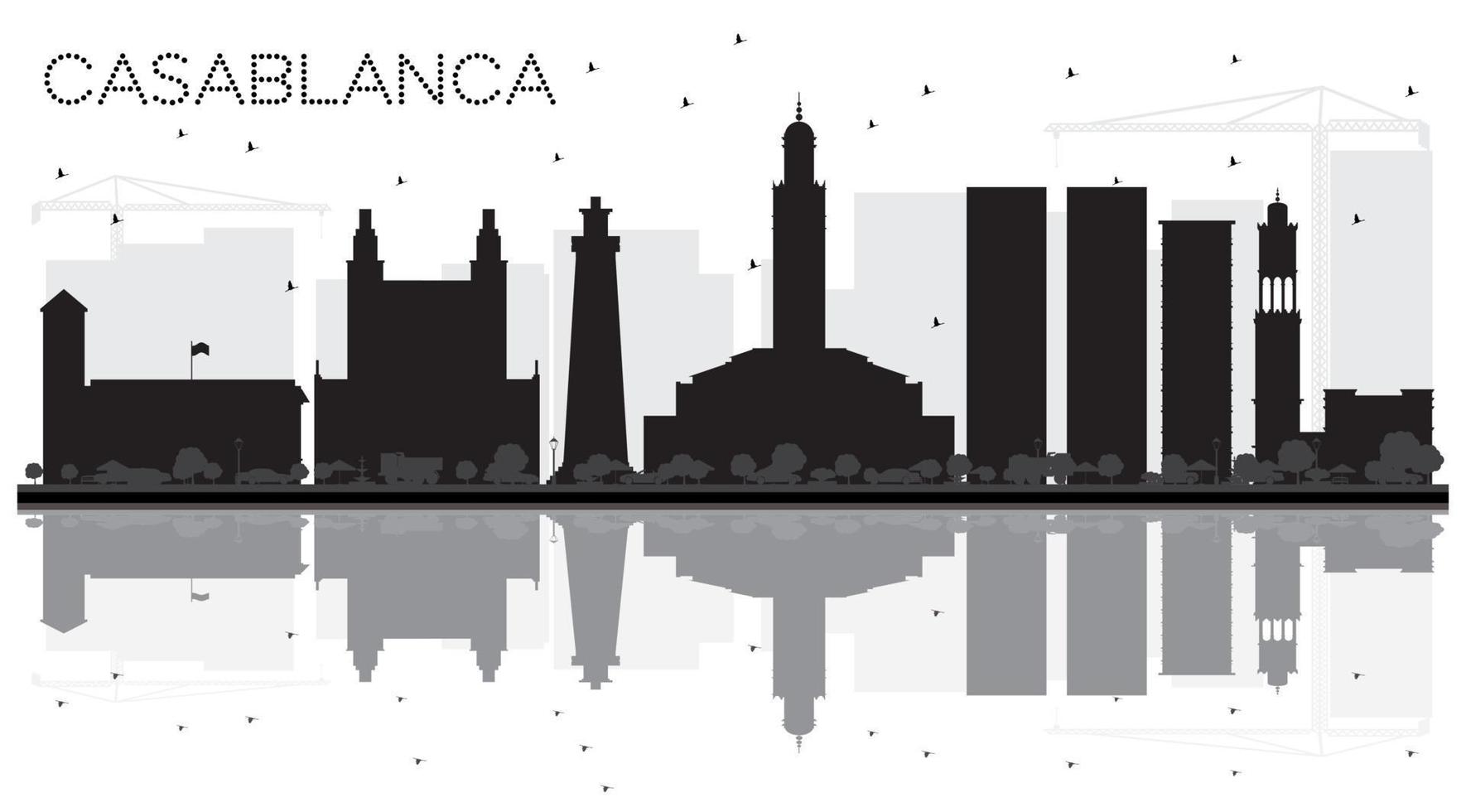 casablanca marokko city skyline schwarz-weiße silhouette mit reflexionen. vektor