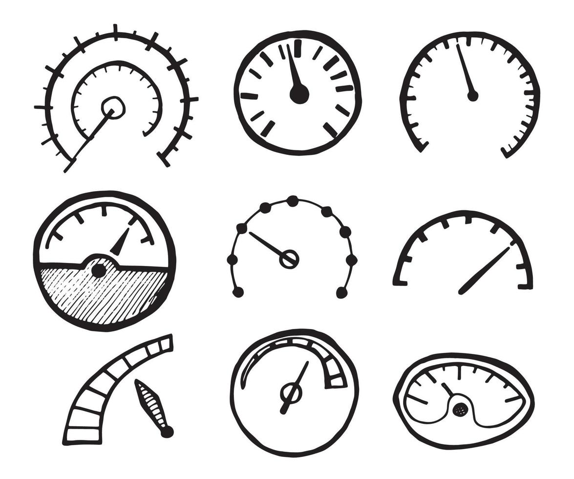 Sammlung von handgezeichneten Tachometersymbolen isoliert auf weißem Hintergrund. vektor