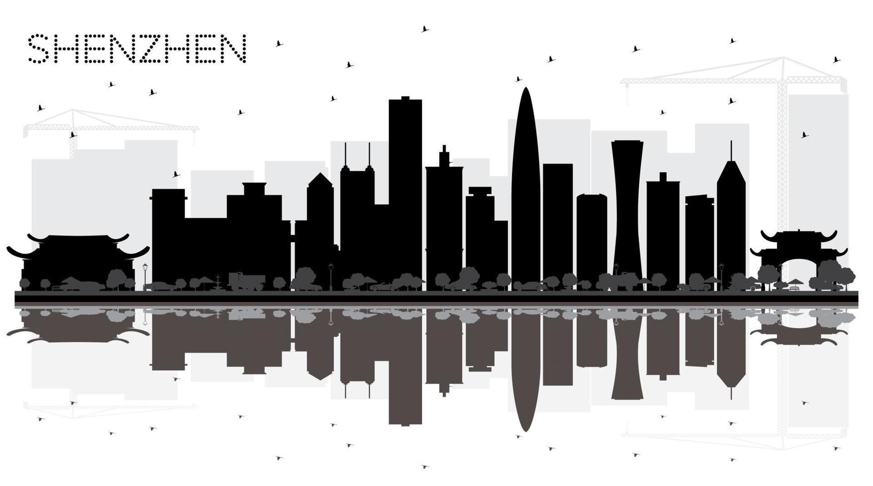 shenzhen china city skyline schwarz-weiße silhouette mit reflexionen. vektor