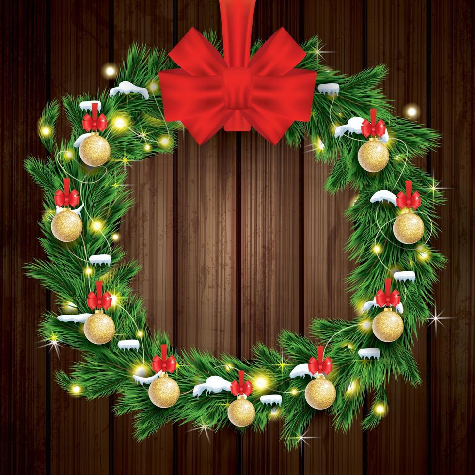 weihnachtskranz mit grünem tannenzweig, heller girlande und roter schleife auf holzhintergrund. vektor