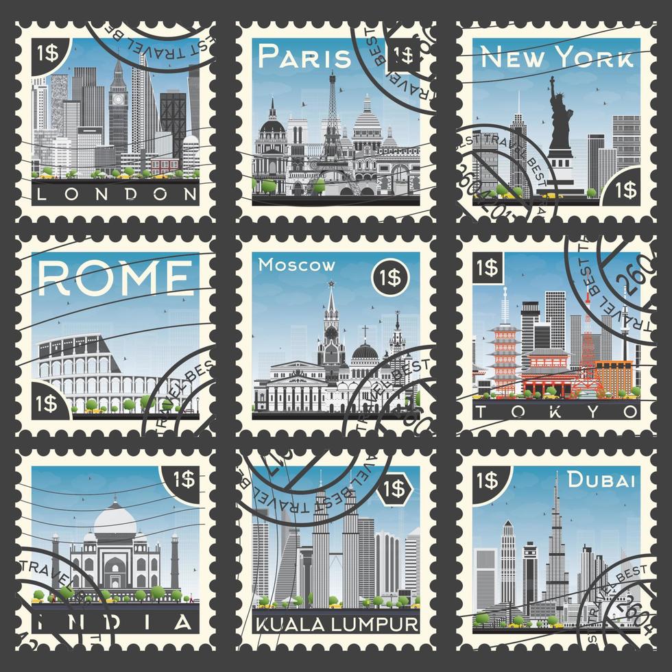 Satz Briefmarken mit verschiedenen Städten und Sehenswürdigkeiten. vektor