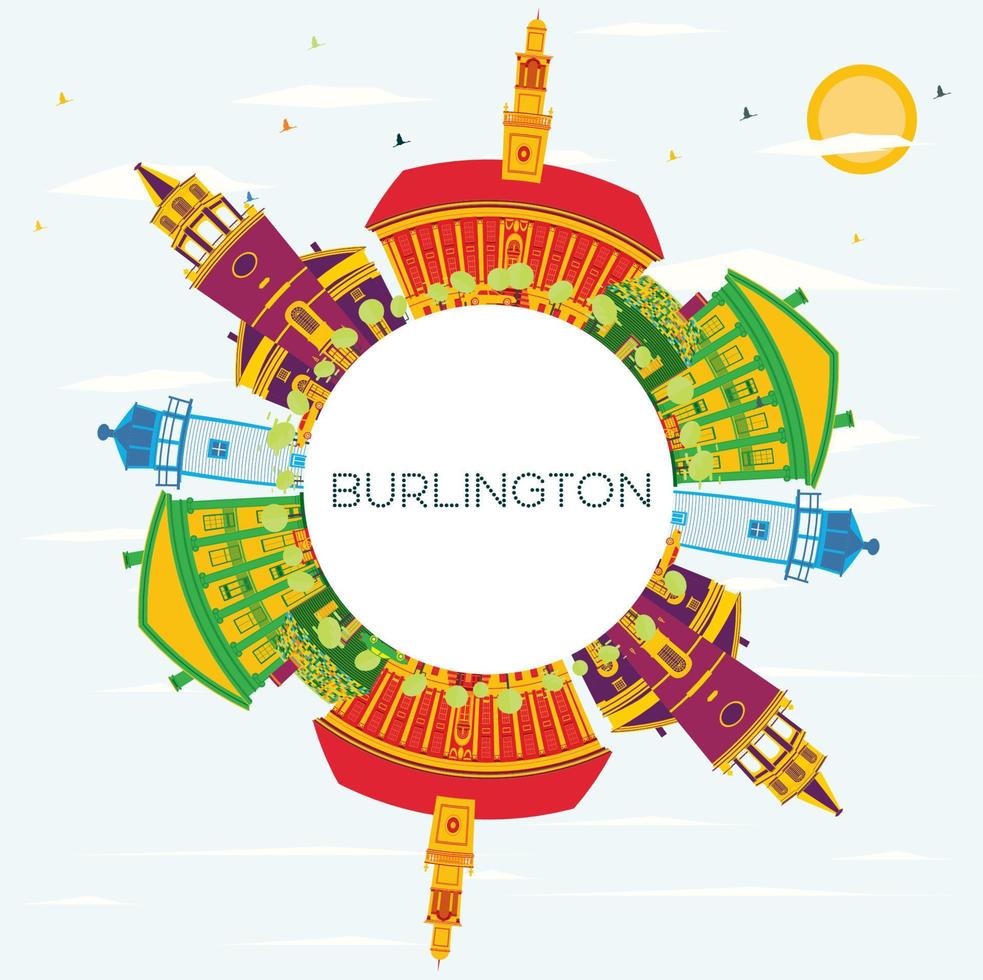 Burlington horisont med Färg byggnader, blå himmel och kopia Plats. vektor