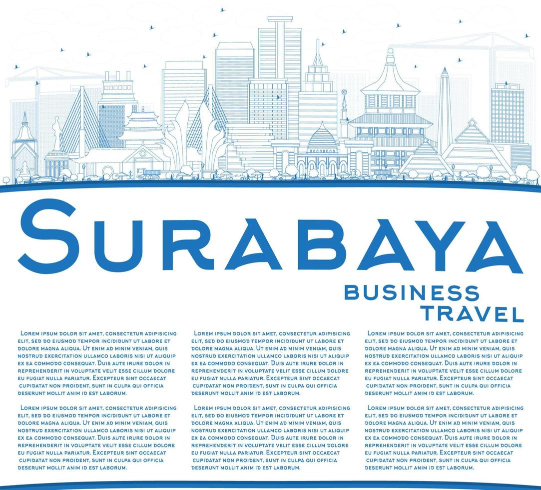 översikt surabaya horisont med blå byggnader och kopia Plats. vektor