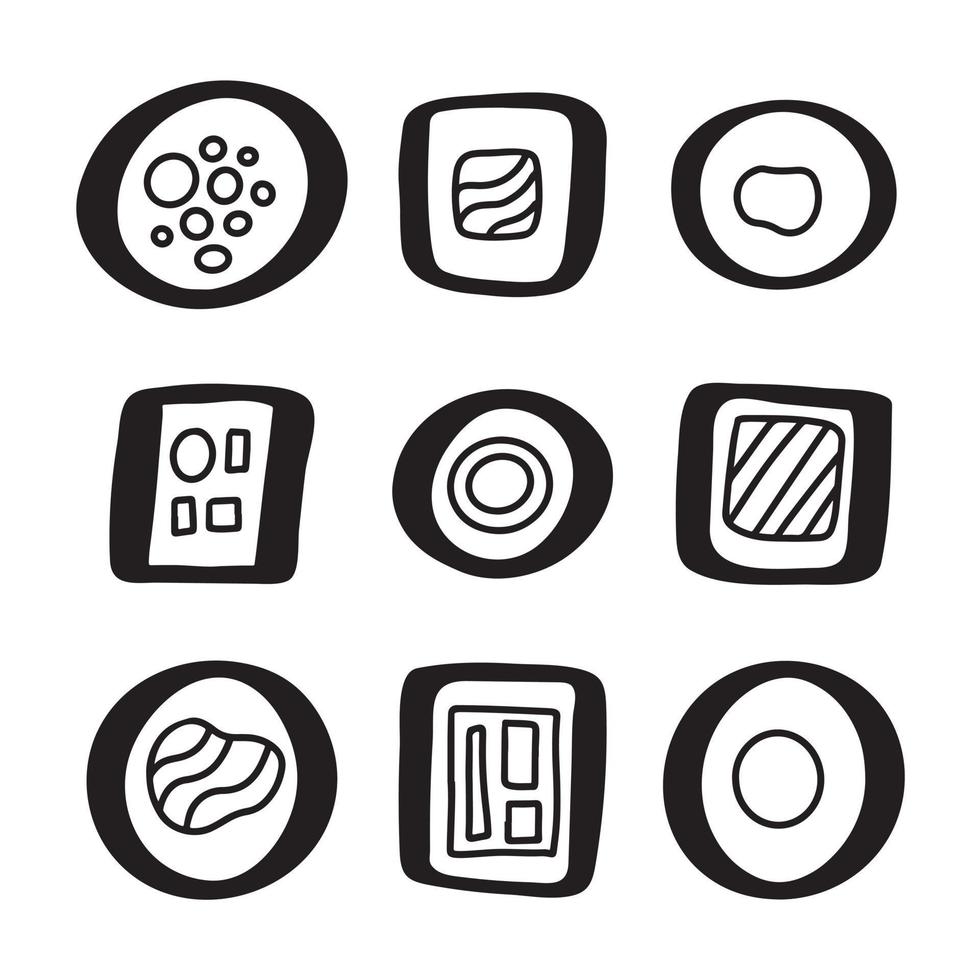 uppsättning av hand dragen abstrakt geometrisk sushi klotter ikoner. stiliserade annorlunda rullar. asiatisk mat svart och vit översikt kontur linje teckning klämma konst samling vektor