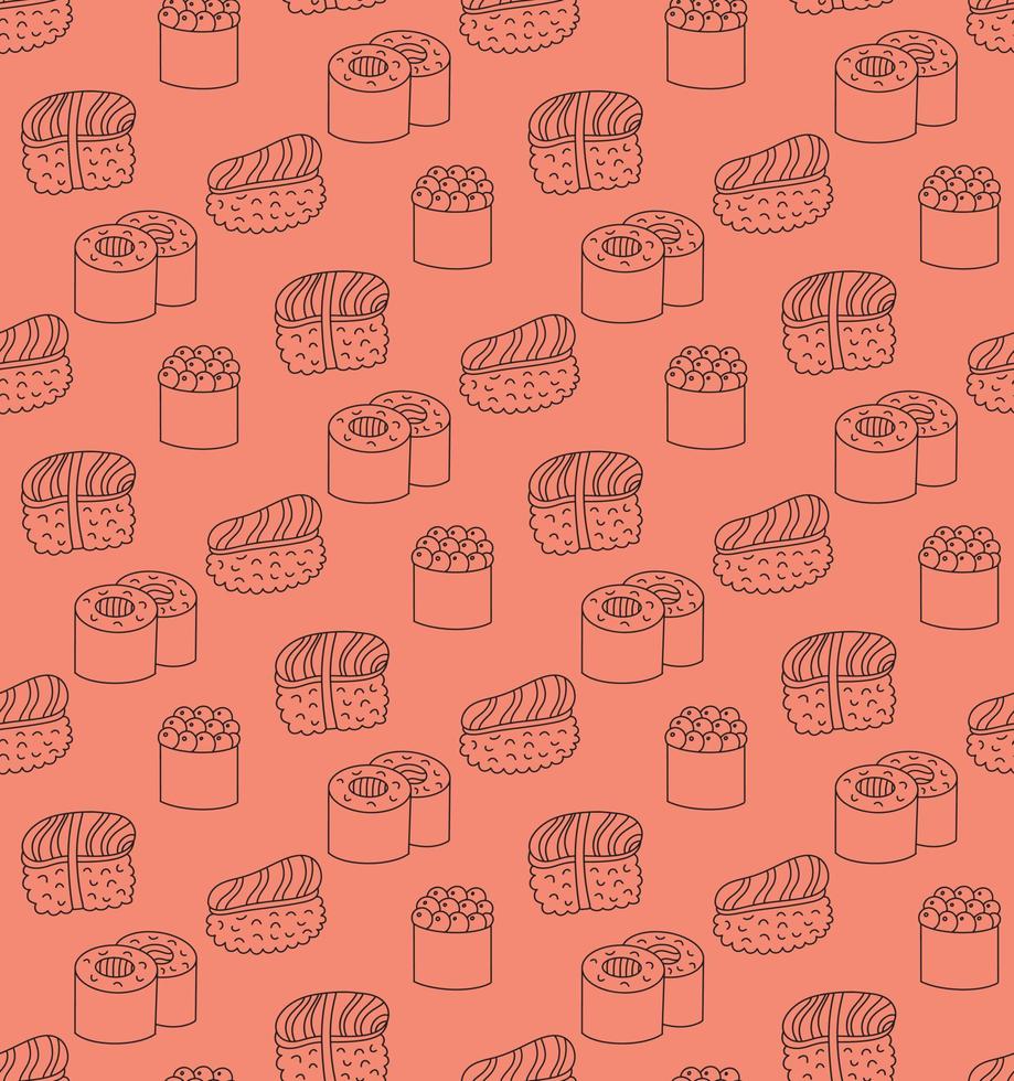 nahtloser musterhintergrund mit niedlichen sushi-handgezeichneten umrisskritzeleien auf hellem lachsrosa hintergrund. konturzeichnung, asiatischer lebensmittelvektorillustrationsdruck, tapete, texturdesign vektor