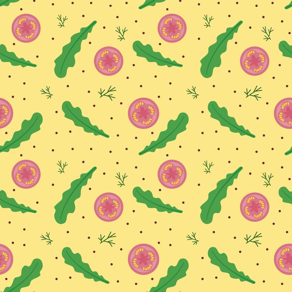 mat bakgrund, sömlös mönster av arugula och tomater. friska äter. vegetarian, vektor illustration av en bondens matvaror Lagra, ljus gul Färg.