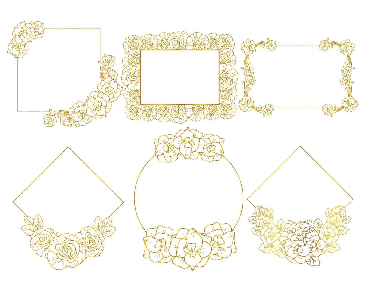 blomma krans element med gyllene blommig ram samling och hand dragen linje konst illustration vektor