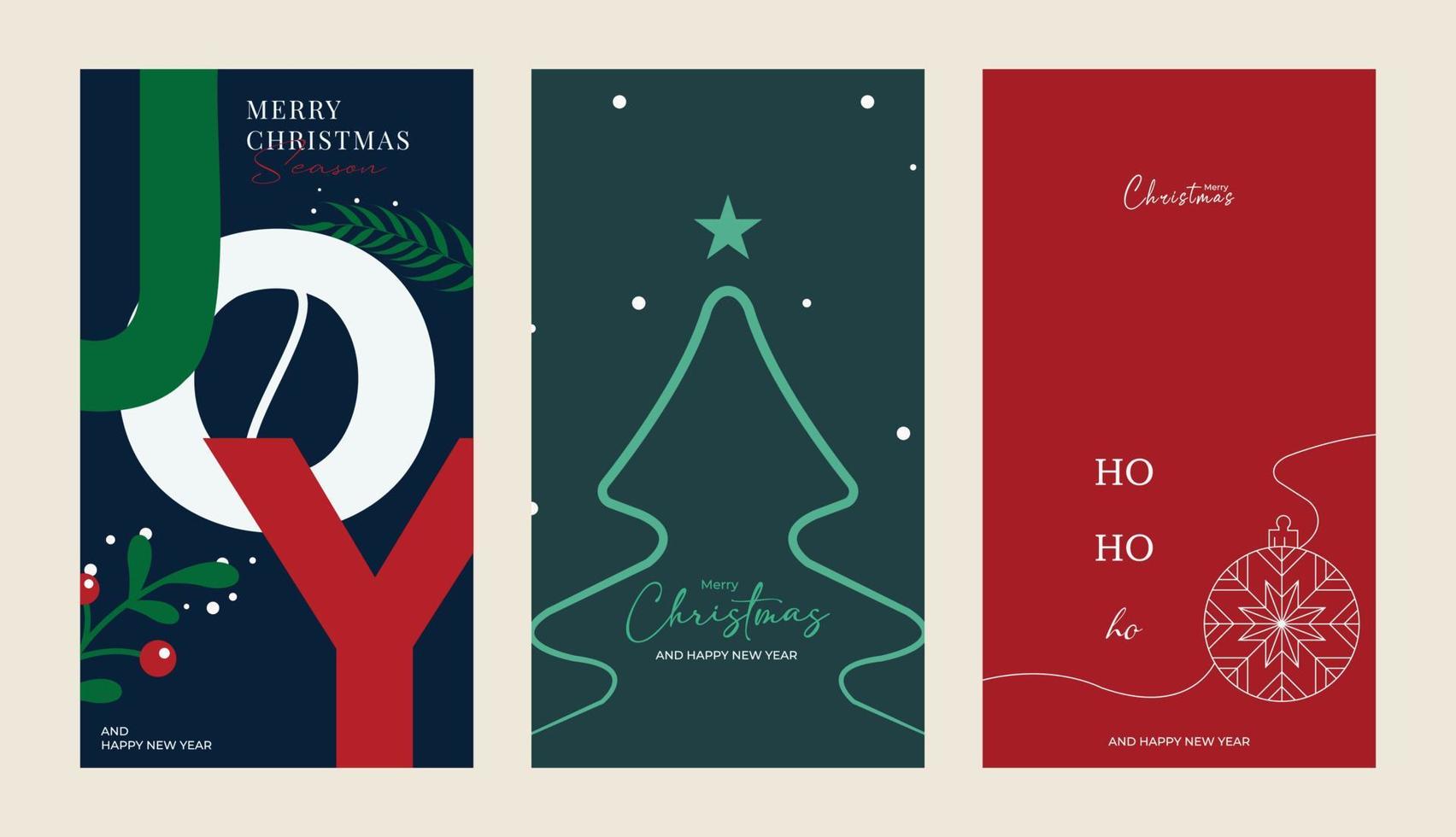 glad jul och Lycklig ny år uppsättning av hälsning kort, affischer, Semester täcker. modern xmas design med triangel granar mönster i grön, röd, vit färger. jul träd, boll, dekoration element vektor
