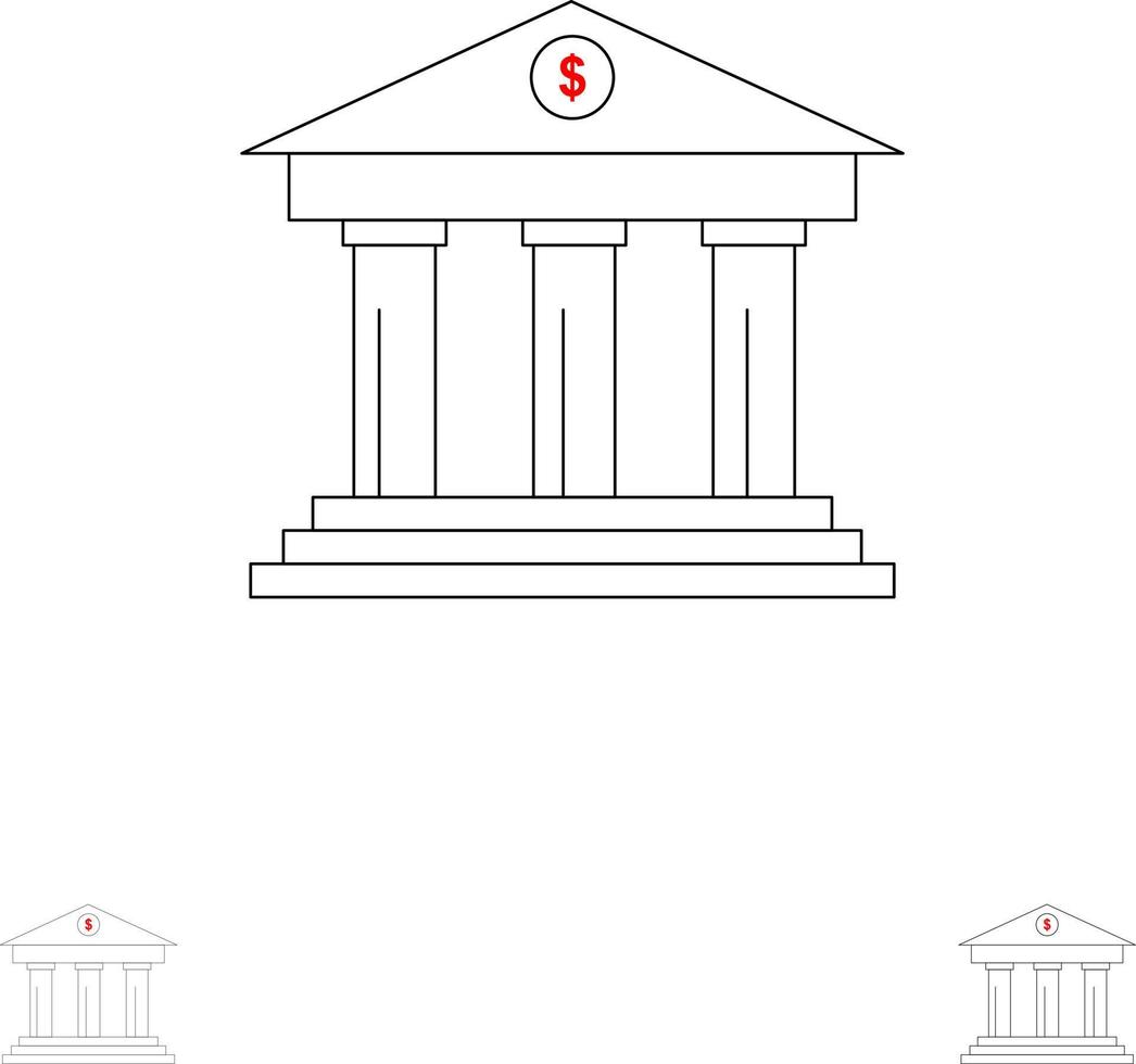 Bank företag finansiera byggnad pengar djärv och tunn svart linje ikon uppsättning vektor