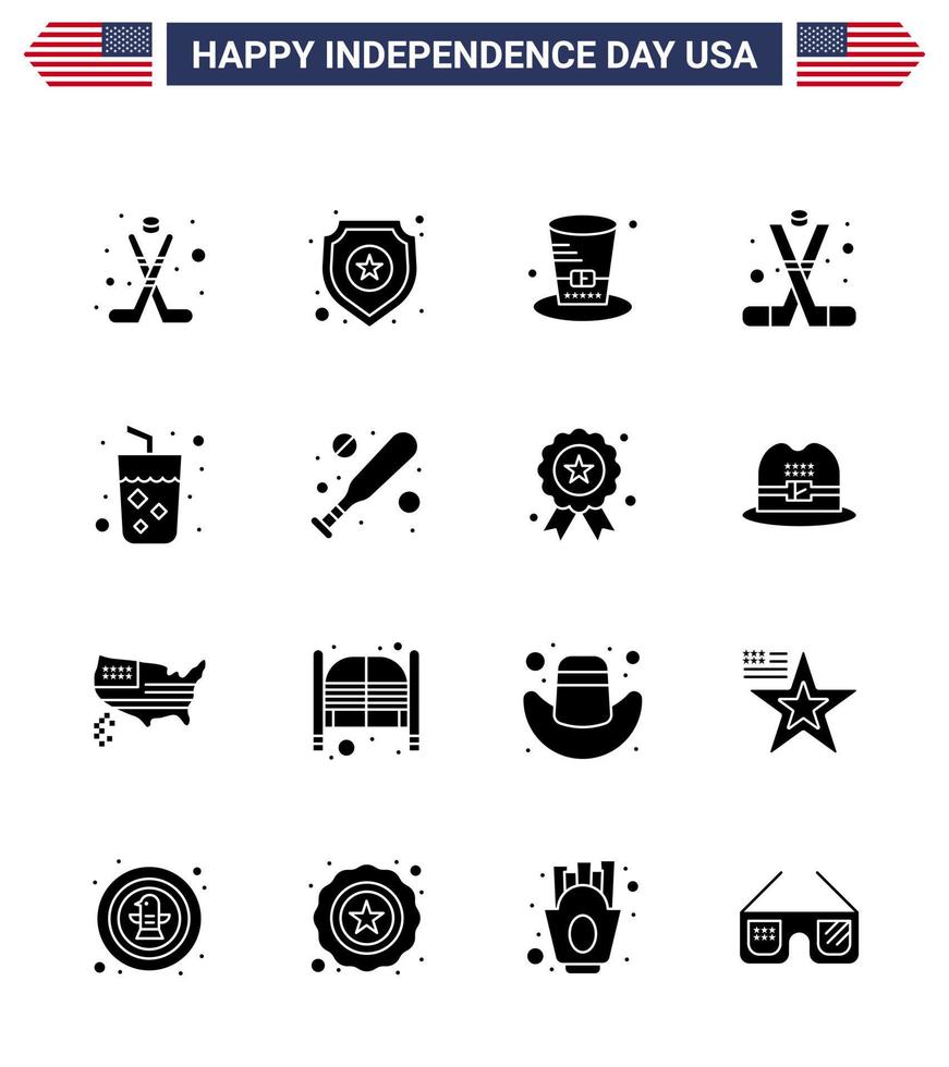 16 solide Glyphenzeichen für Usa-Unabhängigkeitstag-Alkohol-Amerikaner-Tag-Sport-Hockey editierbare Usa-Tag-Vektordesign-Elemente vektor
