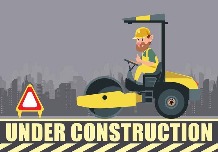 Under Construction Road Roller And Driver Vector
