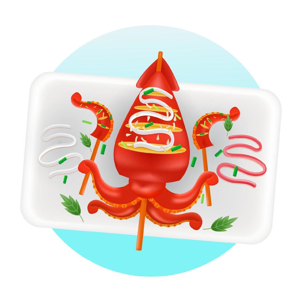 japansk gata mat, soja sås grillad bläckfisk 3d illustration vektor