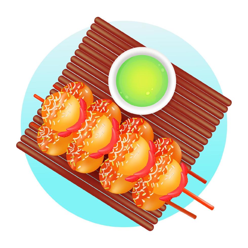 japanisches essen, 3d-illustration von takoyaki und grünem tee vektor