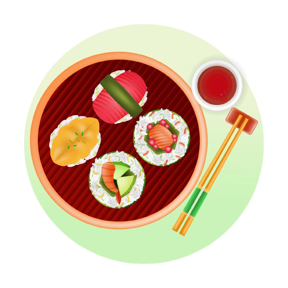 japansk mat, 3d illustration av shushi i en bambu ångkokare korg vektor