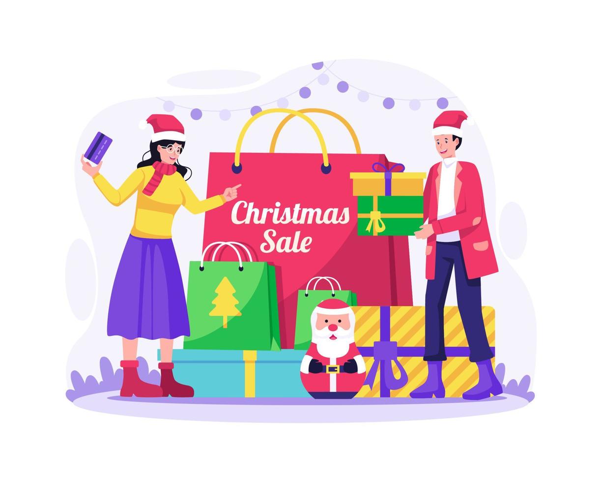 jul försäljning och handla begrepp med en par njuter de jul försäljning förbi handla för många saker. vektor illustration i platt stil