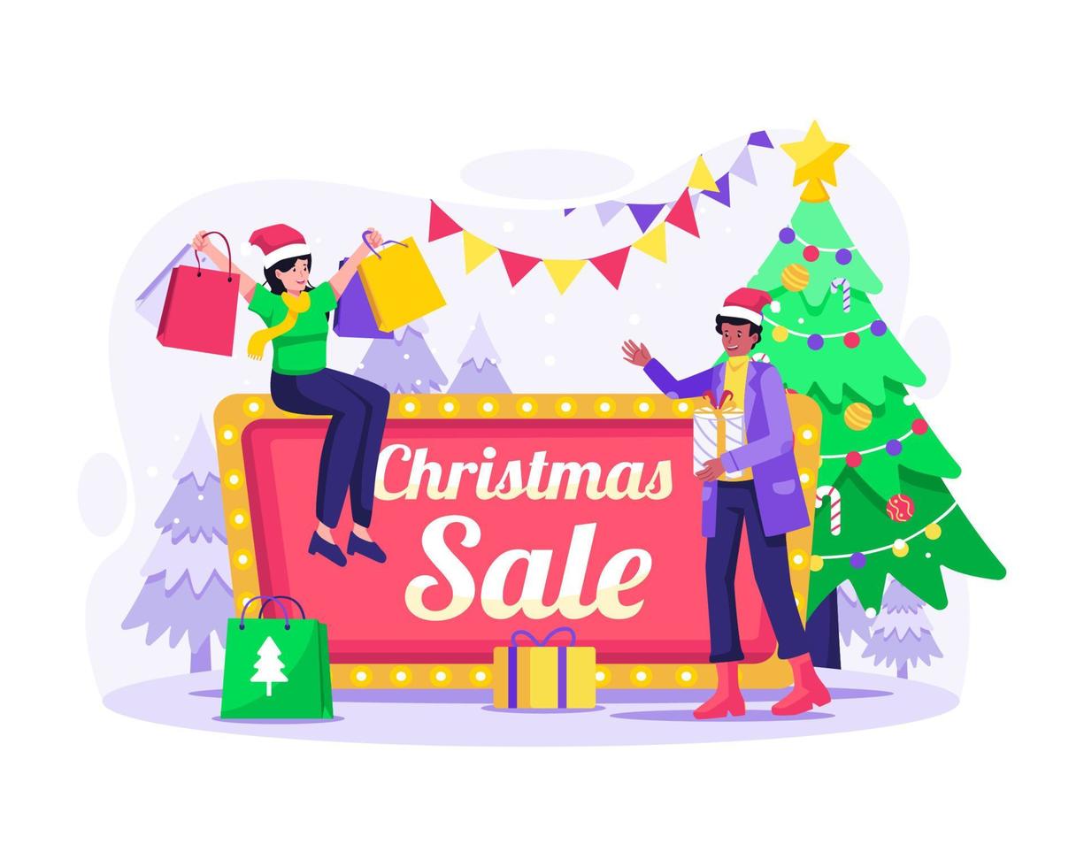 jul försäljning baner och handla begrepp illustration med Lycklig människor håller på med handla på jul försäljning. vektor illustration i platt stil