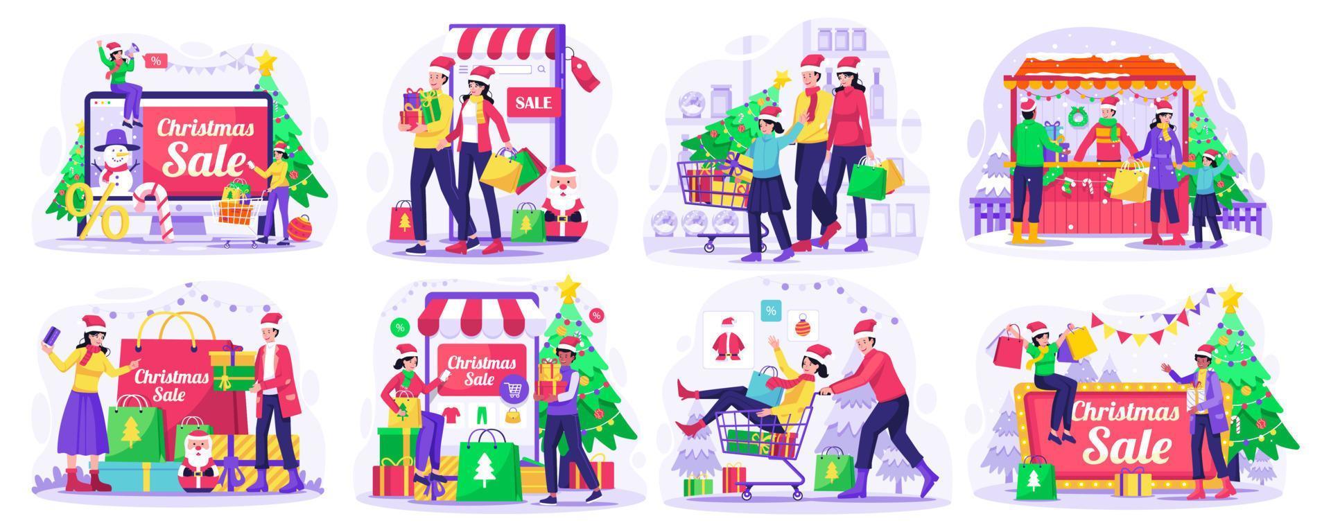 uppsättning av jul försäljning och handla begrepp illustration med människor håller på med handla på jul dag. vektor illustration i platt stil