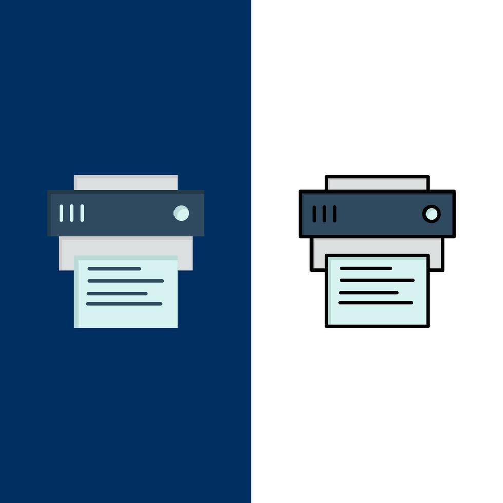 Drucker drucken Drucken Bildungssymbole flach und Linie gefüllt Symbolsatz Vektor blauen Hintergrund