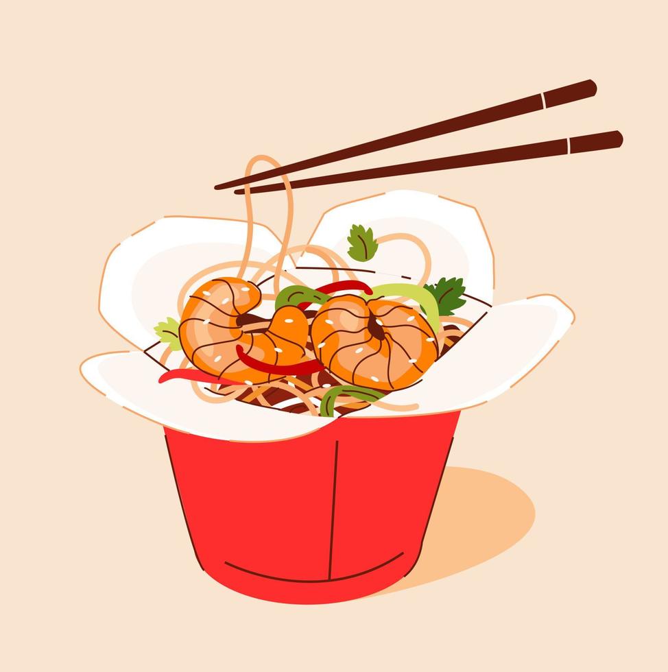 wok spaghetti med räka. en maträtt av asiatisk kök. vektor illustration.