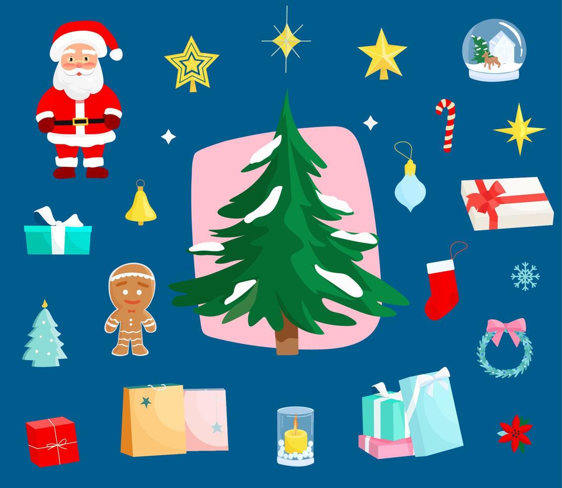 tecknad serie jul träd uppsättning, uppsättning av jul dekorationer vektor