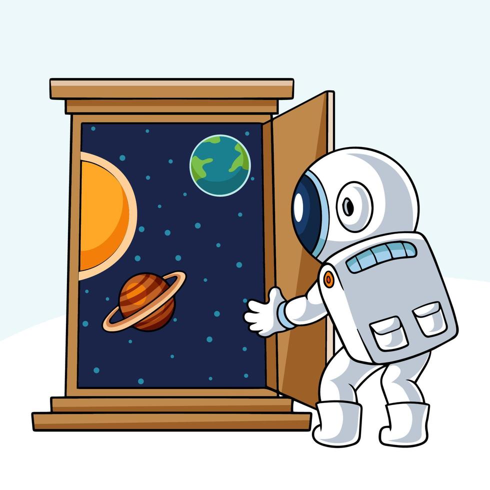 Der kleine Astronauten-Cartoon öffnet die Tür zum Weltraum vektor