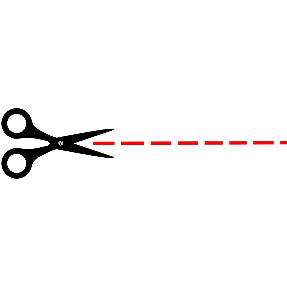 Scherenvektorsymbol mit rotem Schnittumriss auf weißem Hintergrund. Papier-, Haar- und Kunststoffschneidewerkzeuge. vektor