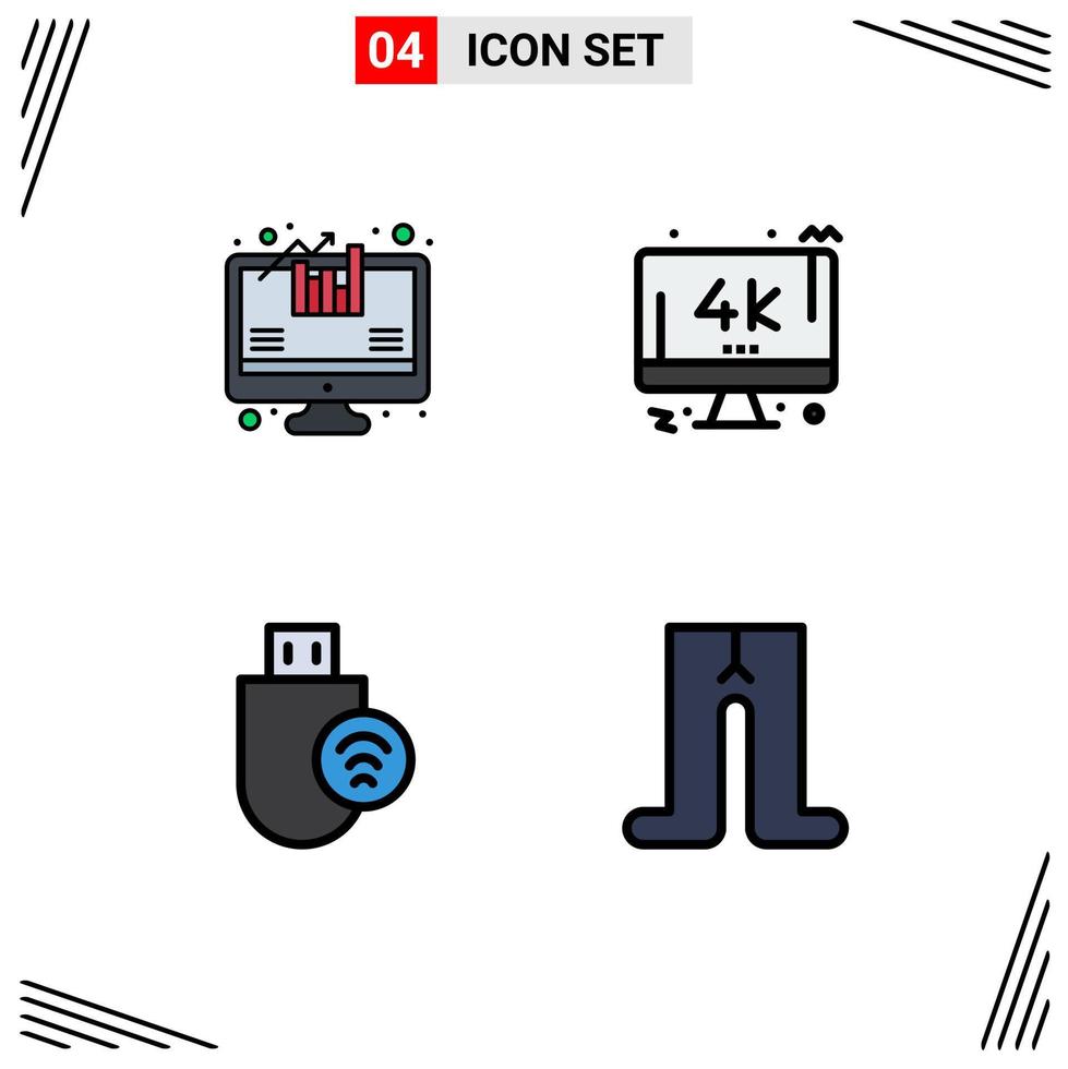 Universelle Symbolsymbole Gruppe von 4 modernen Filledline-Flachfarben von Analysehardware-Monitor-PC-Stick-editierbaren Vektordesignelementen vektor