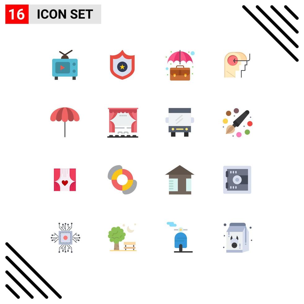 Flache Farbpackung mit 16 universellen Symbolen des Regenschirmgeistes Aktenkoffer Kopf Menschen editierbare Packung kreativer Vektordesign-Elemente vektor